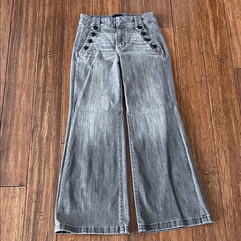 White House Black Market Gray Wide-Leg Flare Jeans with Button Detail